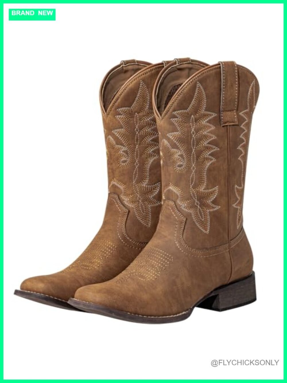 Women's Square Toe Western Cowboy Boots Faux Leather Mid-Calf Block Heel